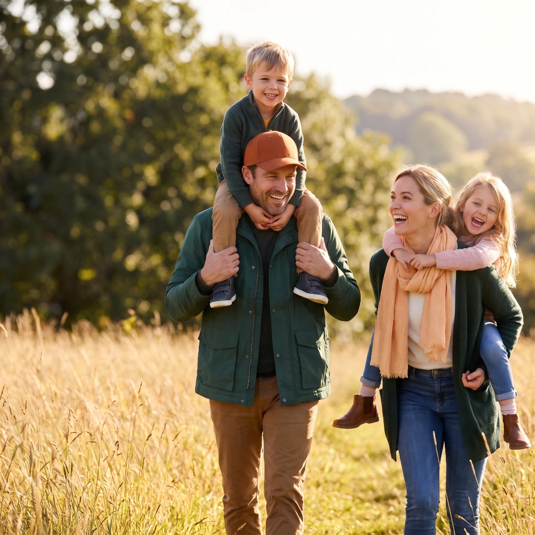 A family laughing together while walking through a sunny field