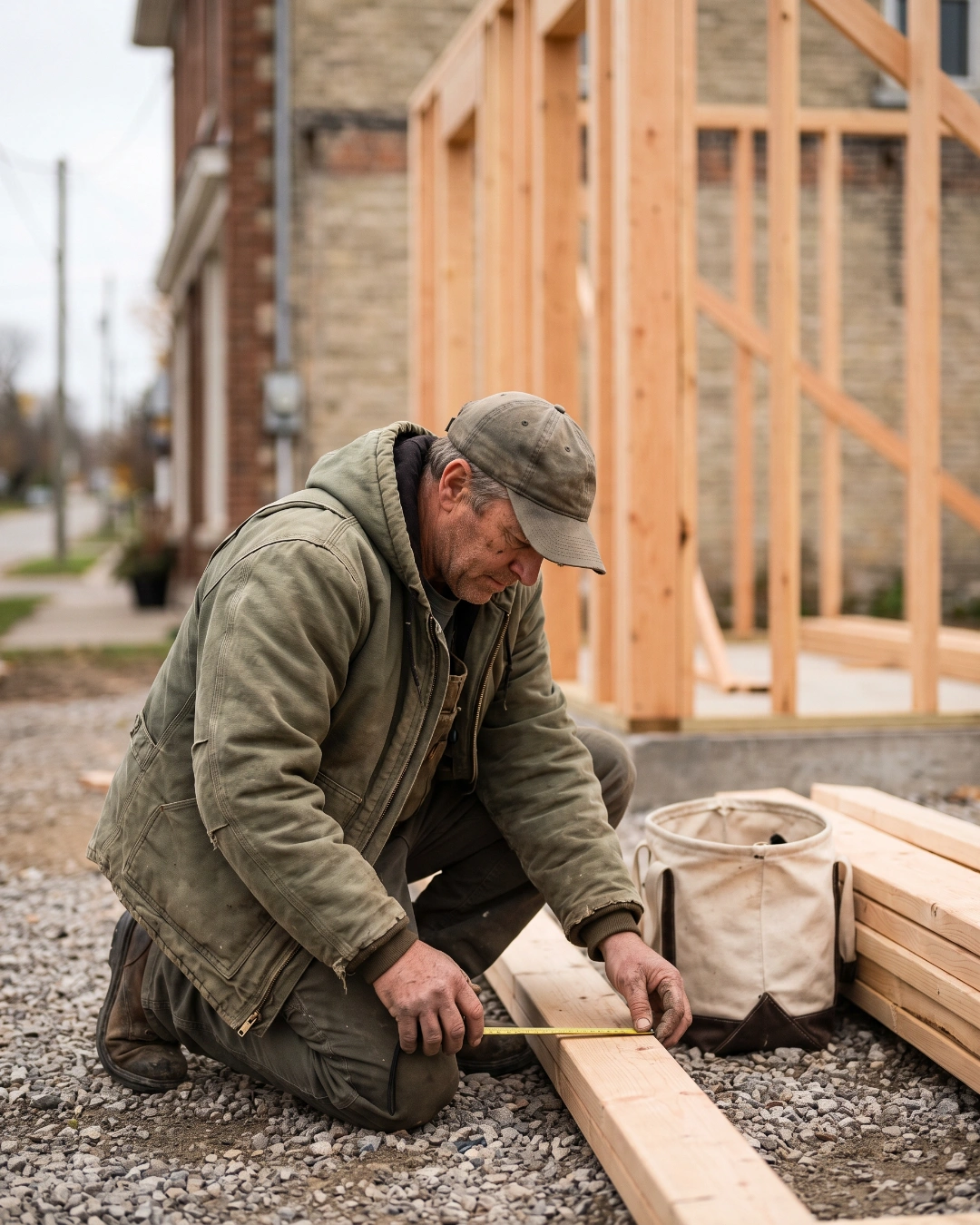 A contractor kneeling on a job site measuring a wooden beam with a tape measure, a house frame under construction behind him