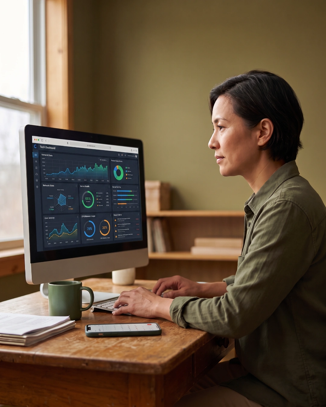 A business owner reviewing a technology dashboard with network and security metrics at her home office desk