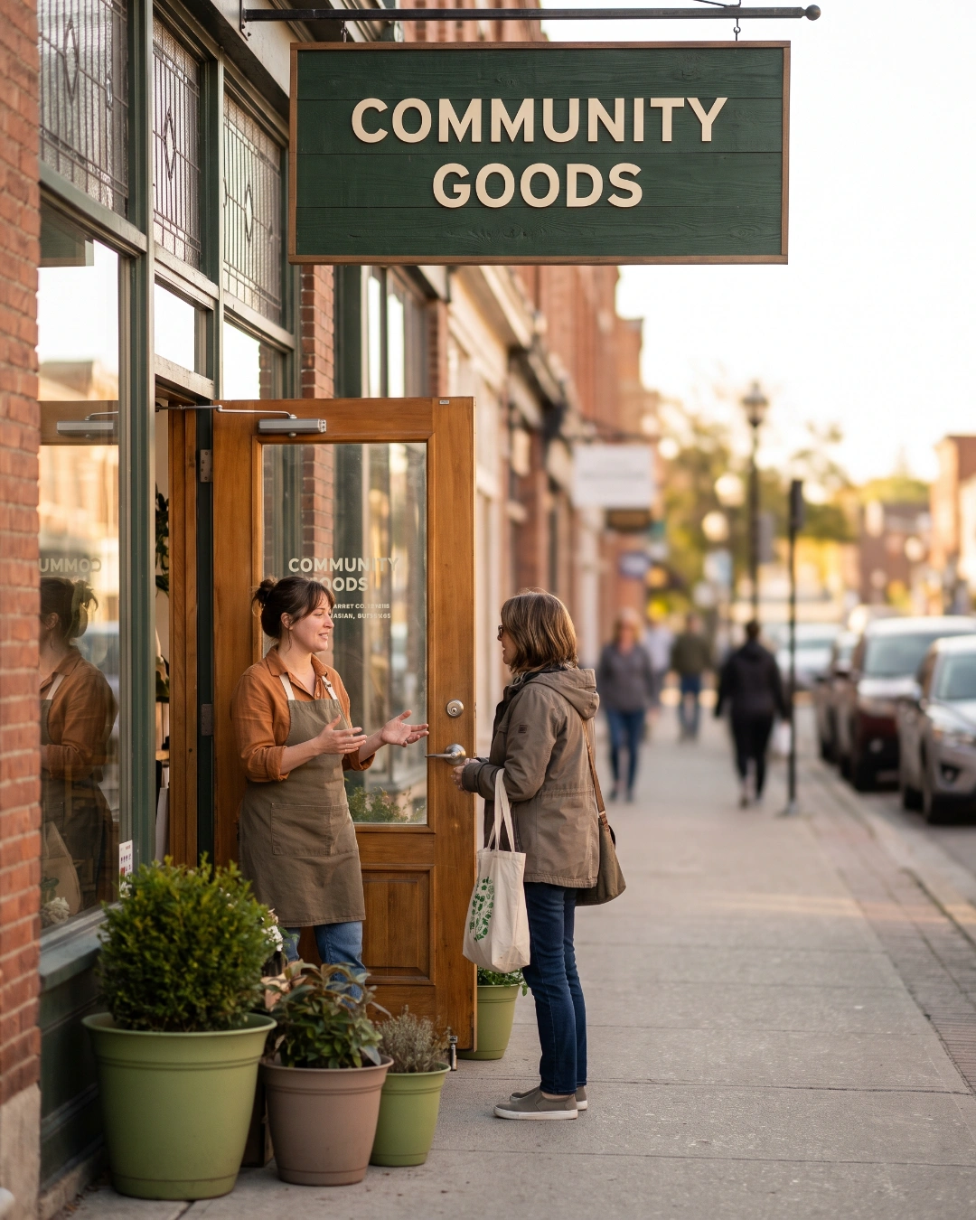 A small business owner greeting a customer outside her Community Goods storefront