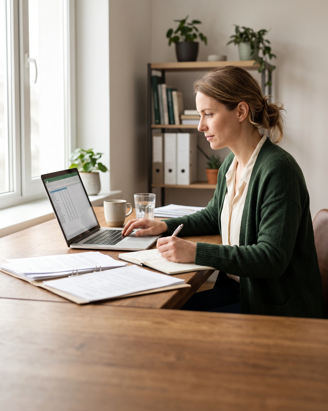 A consultant working at her desk with a laptop, notebook, and paperwork