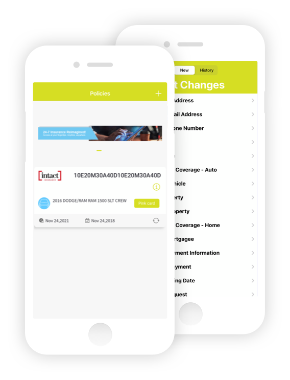 The MyMcCAM app showing a policy list screen and an account settings screen
