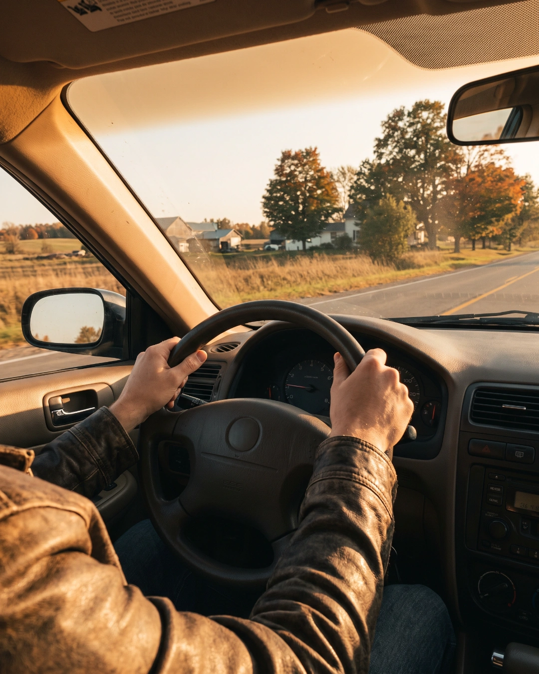 A driver's view from behind the wheel on a quiet Ontario country road at golden hour