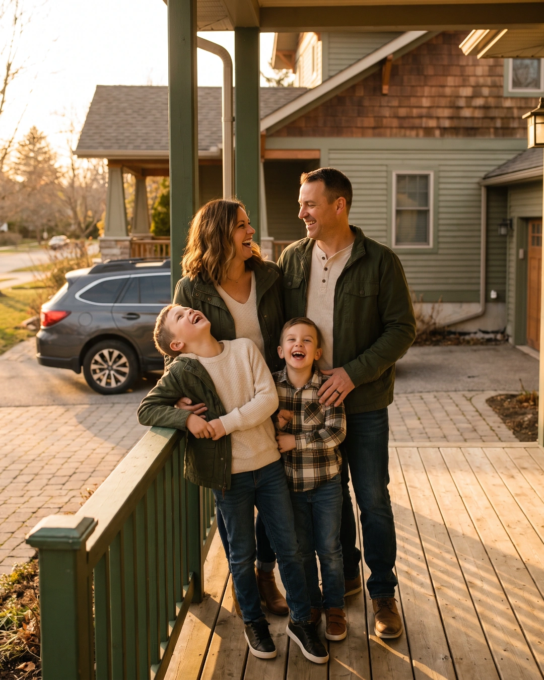 An Ontario family laughing together on their front porch, car and home visible behind them