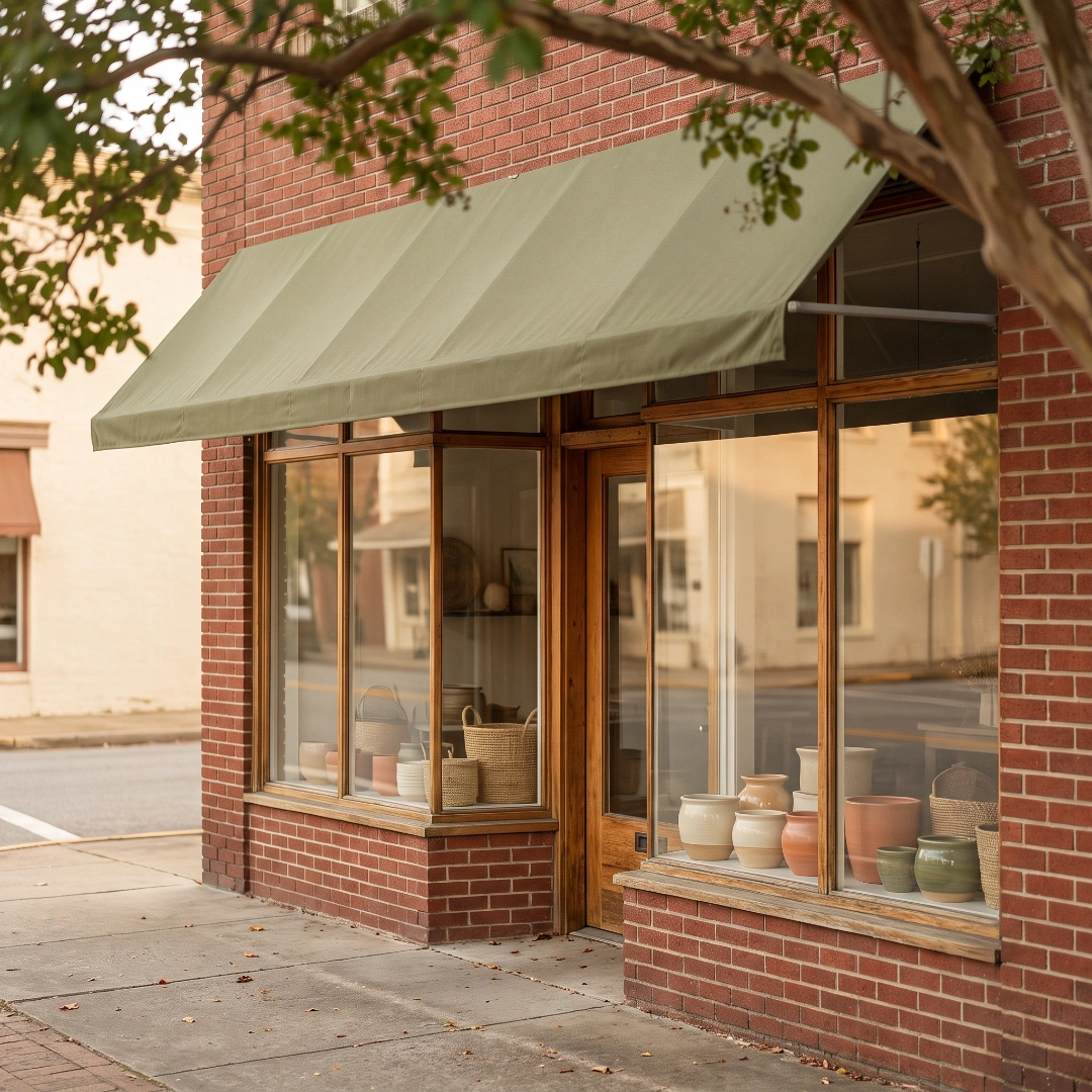 A brick storefront with a green awning and pottery displayed in the window