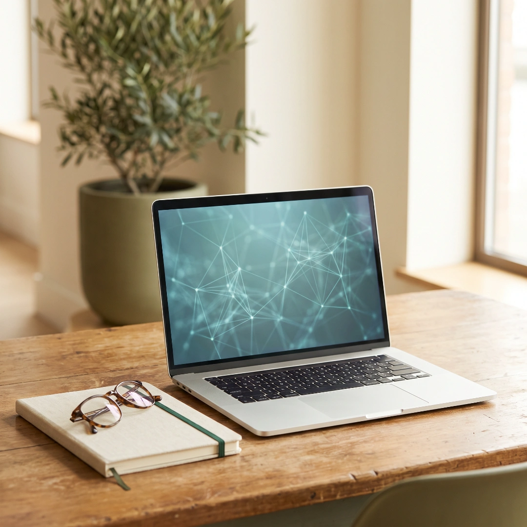 A laptop displaying a cybersecurity network graphic on a desk, with reading glasses and a notebook