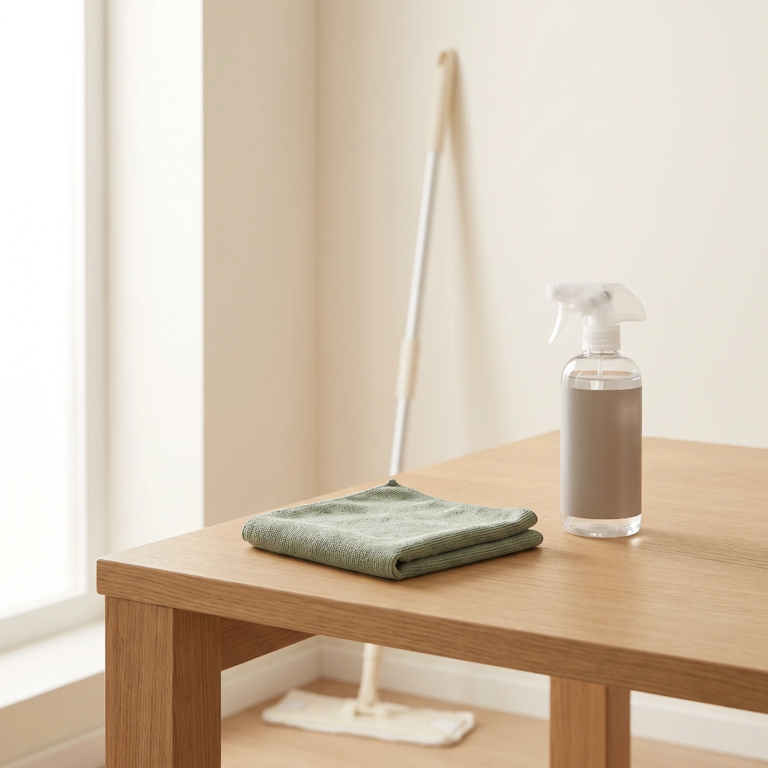 A cleaning cloth, spray bottle, and mop in a bright room