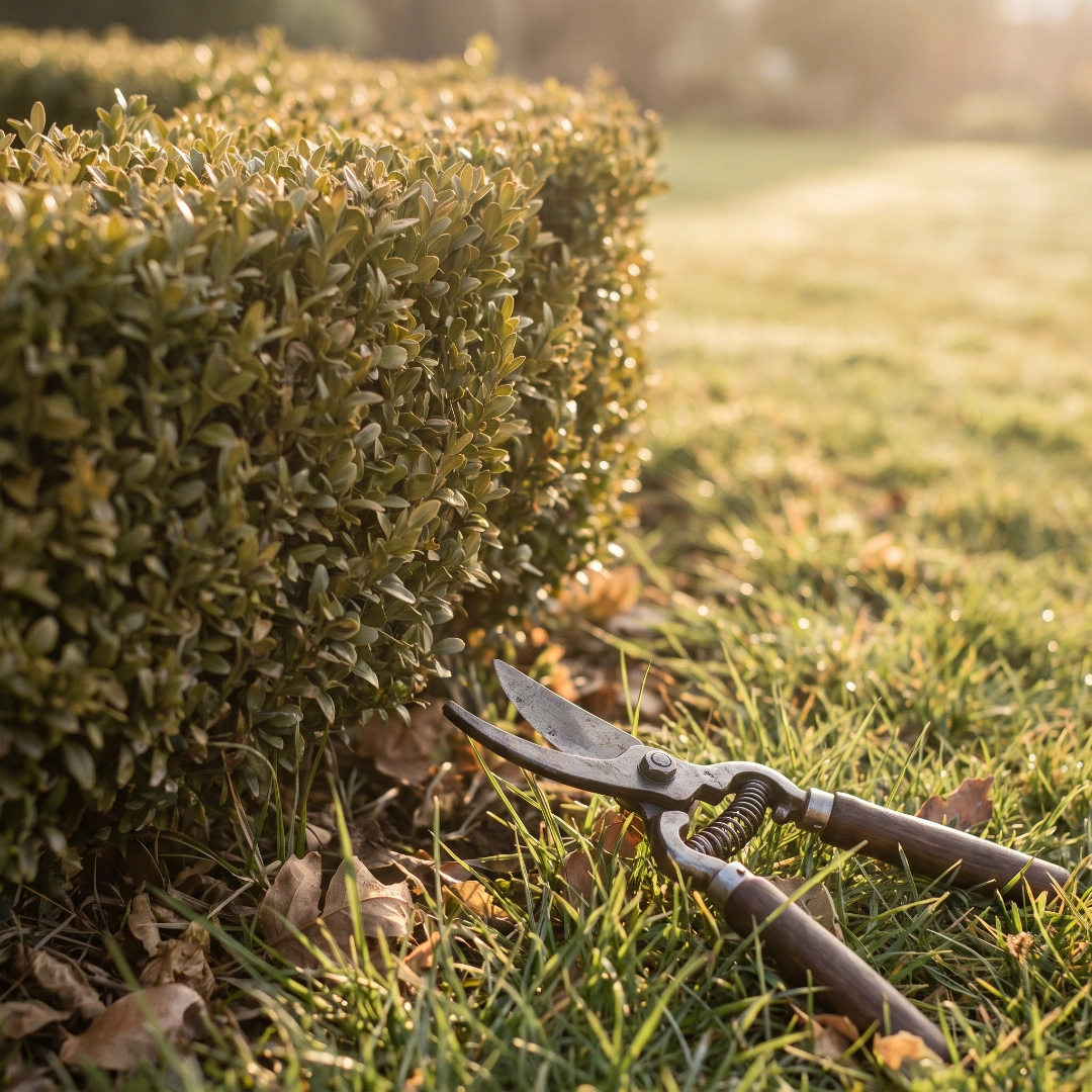 Pruning shears resting beside a freshly trimmed hedge