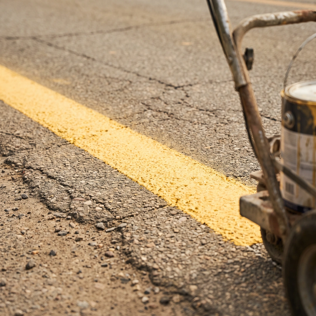 A line-painting machine applying a yellow line to a paved road